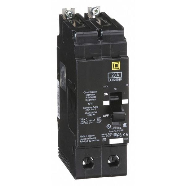 Square D Miniature Circuit Breaker, EGB Series, 20A, 2 Pole, 277/480V AC, 65kA at 120V AC - EGB24020