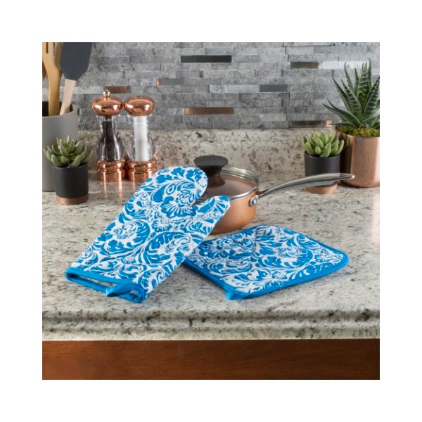 Hastings Home Oven Mitt And Pot Holder Set, Quilted And Flame And Heat Resistant By Hastings Home (Blue) - 549937FDG