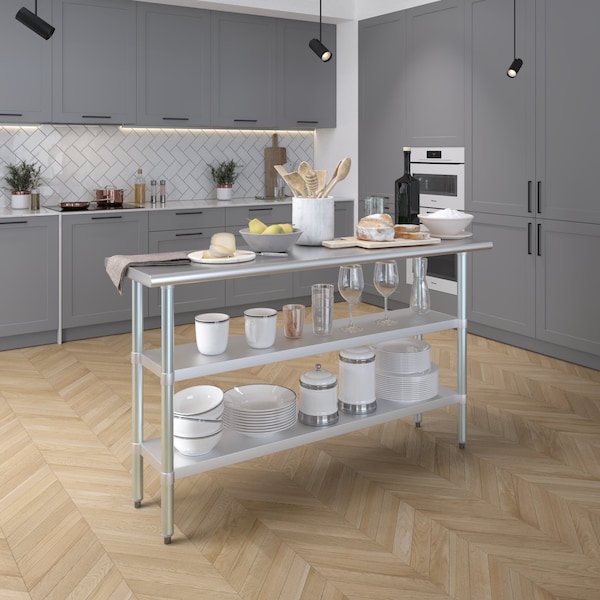 Amgood 18x60 Prep Table with Stainless Steel Top and 2 Shelves - AMG WT-1860-2SH