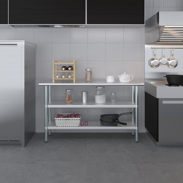 Amgood 18x60 Prep Table with Stainless Steel Top and 2 Shelves - AMG WT-1860-2SH