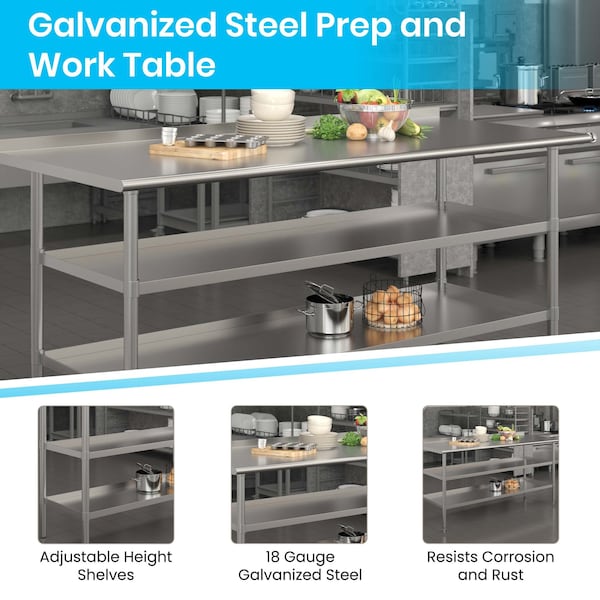 Flash Furniture 72 x 30 Stainless 2 Shelf Table with Backsplash - NH-WT-GU-3072BSP-GG