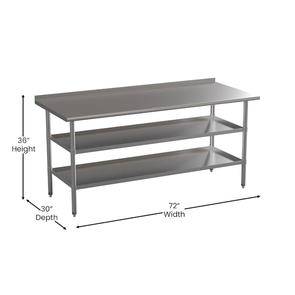 Flash Furniture 72 x 30 Stainless 2 Shelf Table with Backsplash - NH-WT-GU-3072BSP-GG