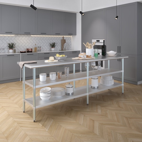 Amgood 24x96 Prep Table with Stainless Steel Top and 2 Shelves - AMG WT-2496-2SH