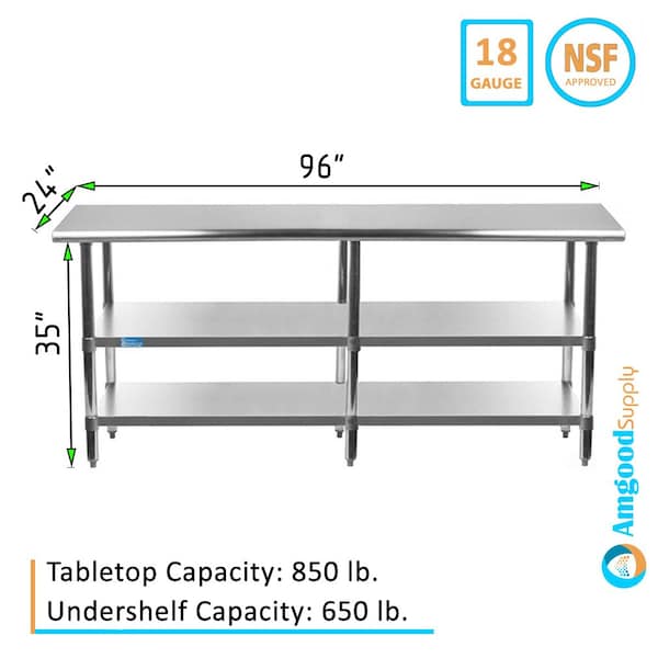Amgood 24x96 Prep Table with Stainless Steel Top and 2 Shelves - AMG WT-2496-2SH