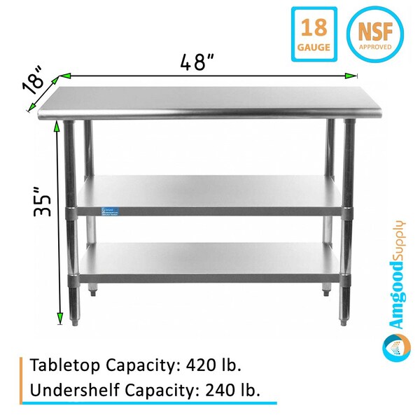 Amgood 18x48 Prep Table with Stainless Steel Top and 2 Shelves - AMG WT-1848-2SH