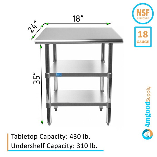 Amgood 24x18 Prep Table with Stainless Steel Top and 2 Shelves - AMG WT-2418-2SH