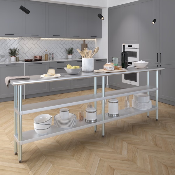 Amgood 14x96 Prep Table with Stainless Steel Top and 2 Shelves - AMG WT-1496-2SH