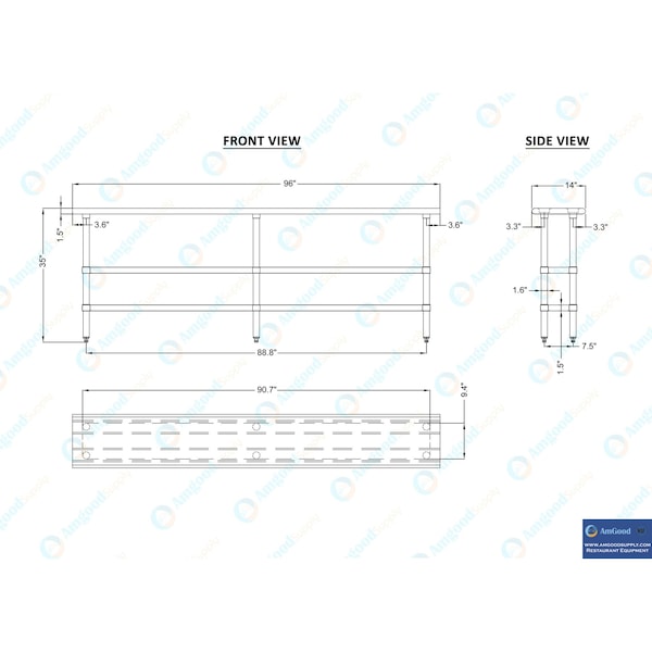 Amgood 14x96 Prep Table with Stainless Steel Top and 2 Shelves - AMG WT-1496-2SH