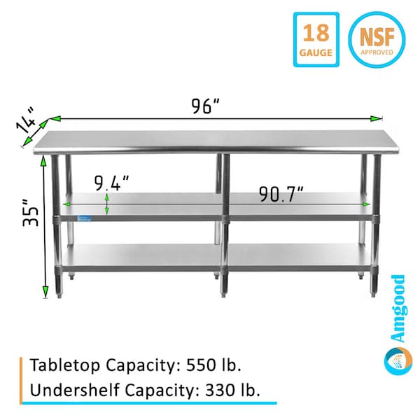 Amgood 14x96 Prep Table with Stainless Steel Top and 2 Shelves - AMG WT-1496-2SH