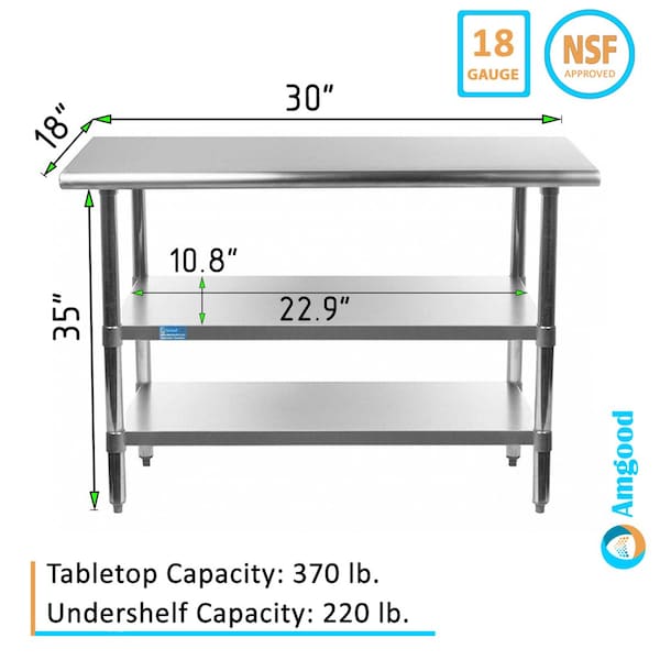 Amgood 18x30 Prep Table with Stainless Steel Top and 2 Shelves - AMG WT-1830-2SH