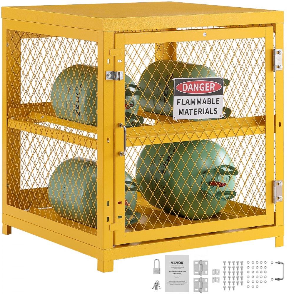 VEVOR Horizontal Cylinder Storage Cabinet, 4 x 33 lbs Cylinder Capacity, 31.02x30.04x35 inch Propane Storage Cage, Gas Cylinder Cabinet, Yellow Powder Coat Finish, for Freon, Gases, Oxygen, Nitrogen - DSCWJHSLYGSPG3ZIYV0