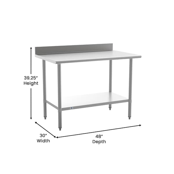 Flash Furniture Reese 430 Stainless Steel 18 Gauge 30-in x 48-in Table w/Adjustable Shelf and 4-in Backsplash - NH-WT-3048-GG-B4-GG