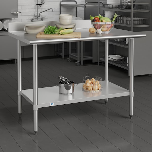 Flash Furniture Reese 430 Stainless Steel 18 Gauge 30-in x 48-in Table w/Adjustable Shelf and 4-in Backsplash - NH-WT-3048-GG-B4-GG