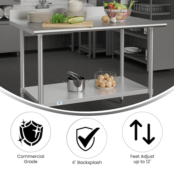 Flash Furniture Reese 430 Stainless Steel 18 Gauge 30-in x 48-in Table w/Adjustable Shelf and 4-in Backsplash - NH-WT-3048-GG-B4-GG