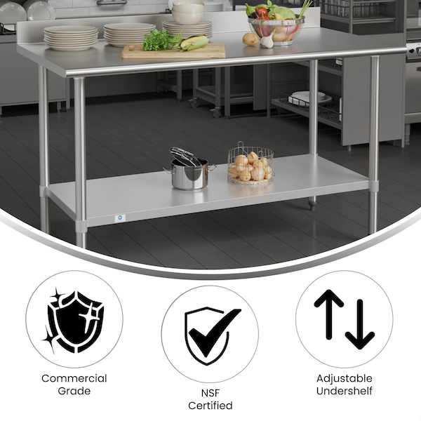 Flash Furniture Reese 430 Stainless Steel 18 Gauge 30-in x 60-in Table w/Adjustable Shelf and 4-in Backsplash - NH-WT-3060-GG-B4-GG