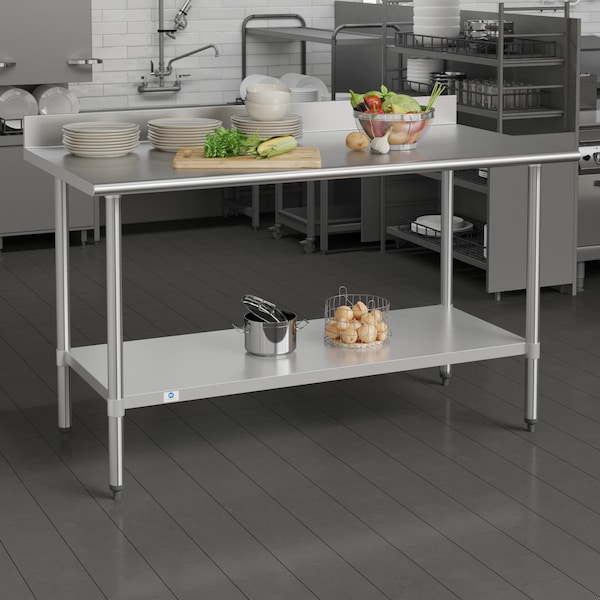 Flash Furniture Reese 430 Stainless Steel 18 Gauge 30-in x 60-in Table w/Adjustable Shelf and 4-in Backsplash - NH-WT-3060-GG-B4-GG