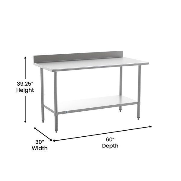 Flash Furniture Reese 430 Stainless Steel 18 Gauge 30-in x 60-in Table w/Adjustable Shelf and 4-in Backsplash - NH-WT-3060-GG-B4-GG