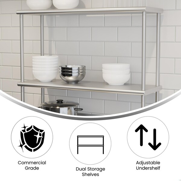 Flash Furniture Reese 430 Stainless Steel 18 Gauge NSF Certified 36-in x 12-in Metal Kitchen Double Overshelf - NH-OSD-1236-GG