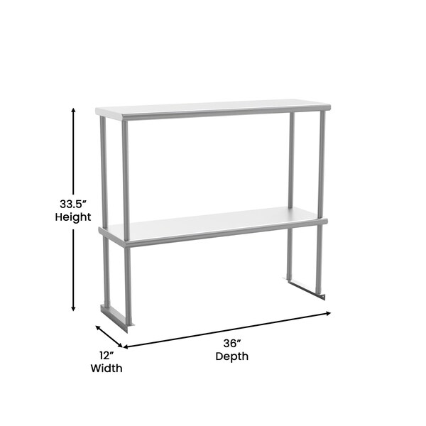 Flash Furniture Reese 430 Stainless Steel 18 Gauge NSF Certified 36-in x 12-in Metal Kitchen Double Overshelf - NH-OSD-1236-GG