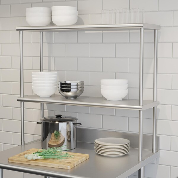 Flash Furniture Reese 430 Stainless Steel 18 Gauge NSF Certified 36-in x 12-in Metal Kitchen Double Overshelf - NH-OSD-1236-GG
