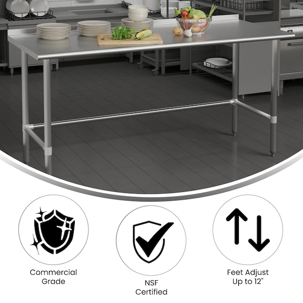 Flash Furniture Reese 430 Stainless Steel 18 Gauge Open Base Kitchen Prep and Work Table w/1.5-in Backsplash - NH-WT-3072-OG-B1-5-GG