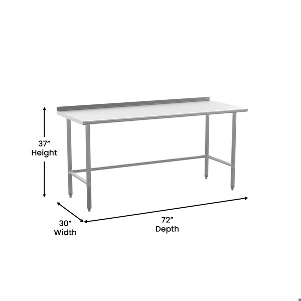 Flash Furniture Reese 430 Stainless Steel 18 Gauge Open Base Kitchen Prep and Work Table w/1.5-in Backsplash - NH-WT-3072-OG-B1-5-GG