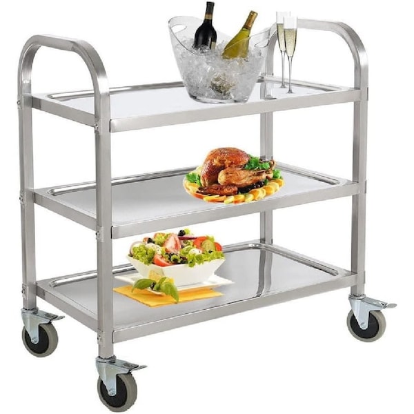 Amgood Stainless Steel Dining Cart, 3 Shelf Heavy Duty Utility Cart on Wheels, 30in L x 16in W - AMG RP3-3 CART