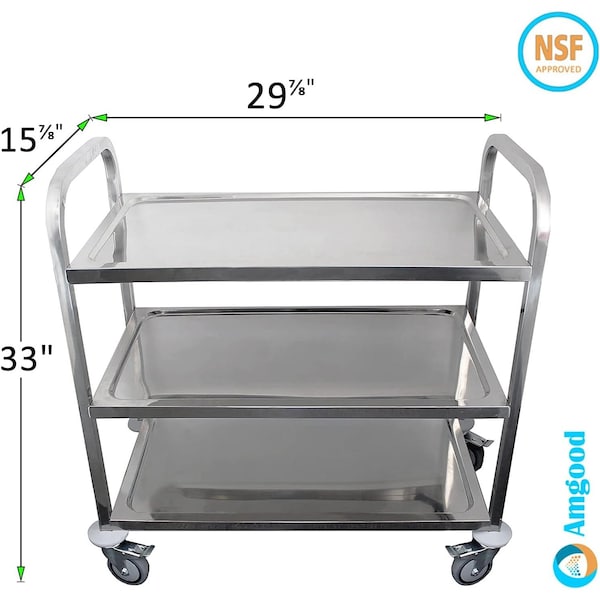 Amgood Stainless Steel Dining Cart, 3 Shelf Heavy Duty Utility Cart on Wheels, 30in L x 16in W - AMG RP3-3 CART