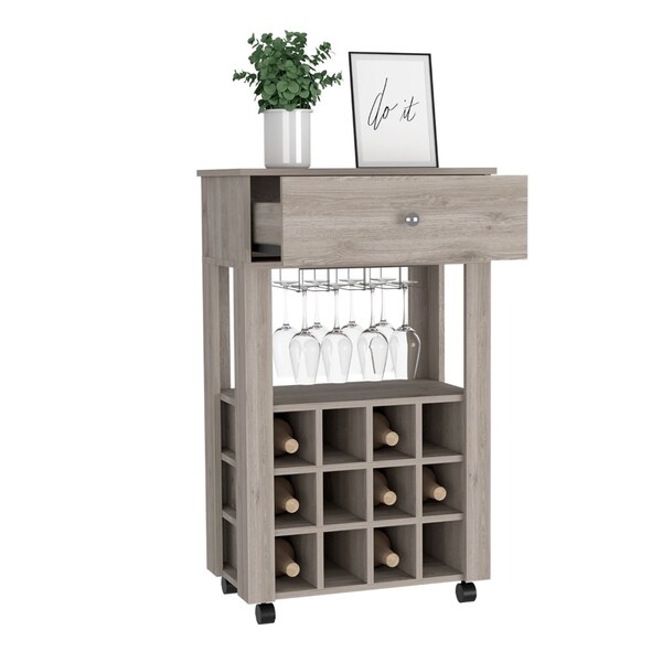 Tuhome Memphis Bar Cart, Twelve Built-in Wine Rack, Four Legs, One Open Shelf, Light Gray - BLZ6720