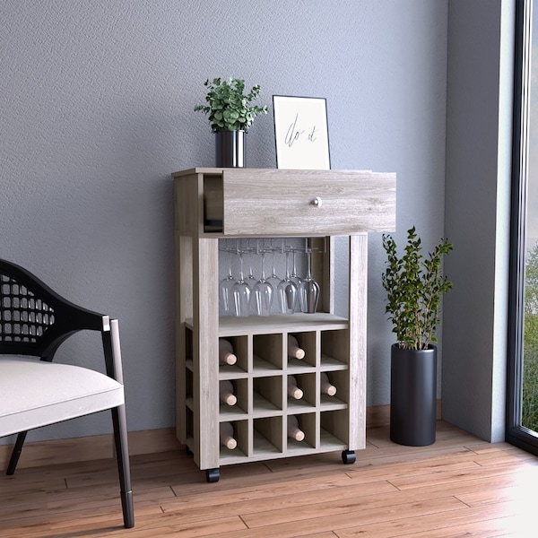 Tuhome Memphis Bar Cart, Twelve Built-in Wine Rack, Four Legs, One Open Shelf, Light Gray - BLZ6720