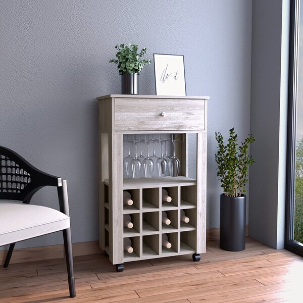 Tuhome Memphis Bar Cart, Twelve Built-in Wine Rack, Four Legs, One Open Shelf, Light Gray - BLZ6720