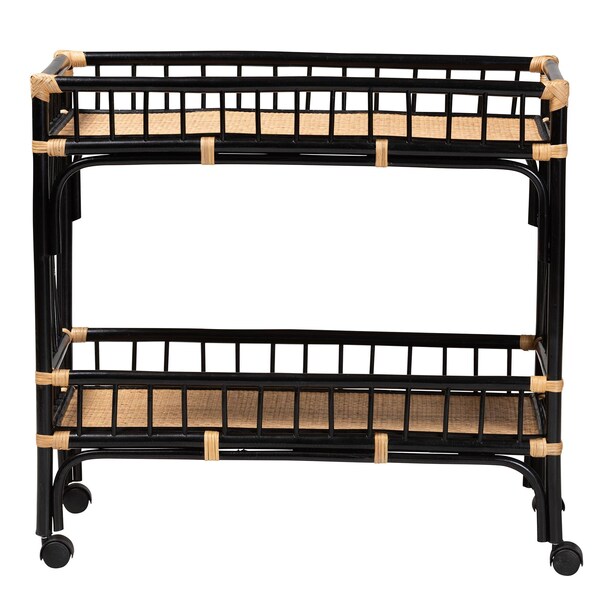 Bali & Pari Dalinda Modern Bohemian Two-Tone Black and Natural Brown Rattan 2-Tier Kitchen Cart - 241-13396-ZORO