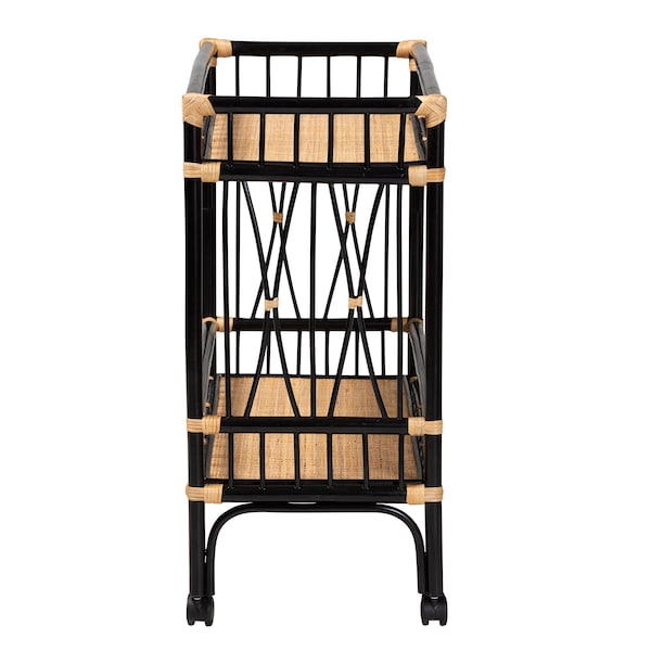 Bali & Pari Dalinda Modern Bohemian Two-Tone Black and Natural Brown Rattan 2-Tier Kitchen Cart - 241-13396-ZORO