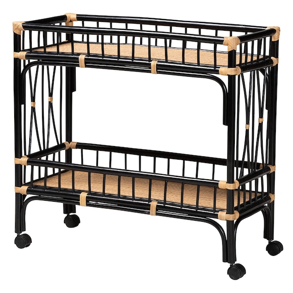 Bali & Pari Dalinda Modern Bohemian Two-Tone Black and Natural Brown Rattan 2-Tier Kitchen Cart - 241-13396-ZORO