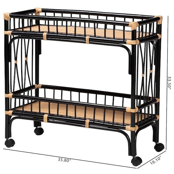 Bali & Pari Dalinda Modern Bohemian Two-Tone Black and Natural Brown Rattan 2-Tier Kitchen Cart - 241-13396-ZORO