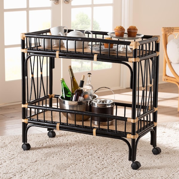 Bali & Pari Dalinda Modern Bohemian Two-Tone Black and Natural Brown Rattan 2-Tier Kitchen Cart - 241-13396-ZORO