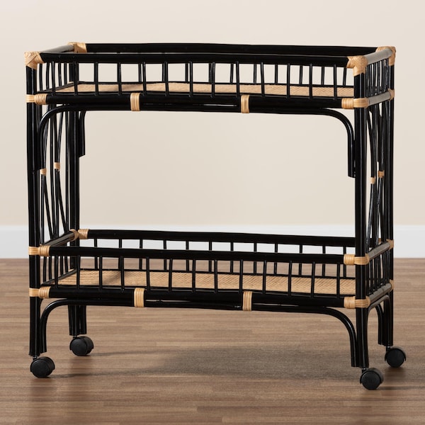 Bali & Pari Dalinda Modern Bohemian Two-Tone Black and Natural Brown Rattan 2-Tier Kitchen Cart - 241-13396-ZORO