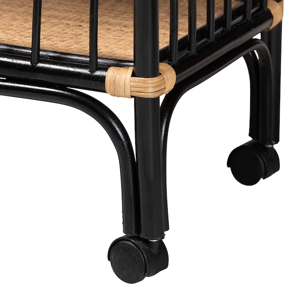 Bali & Pari Dalinda Modern Bohemian Two-Tone Black and Natural Brown Rattan 2-Tier Kitchen Cart - 241-13396-ZORO