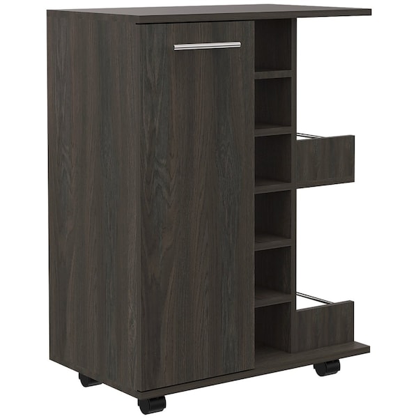 Tuhome Bar Cart, Two External Shelves, Four Casters, Six Built-in Wine Rack, Single Door Cabinet, Espresso - MLC3988