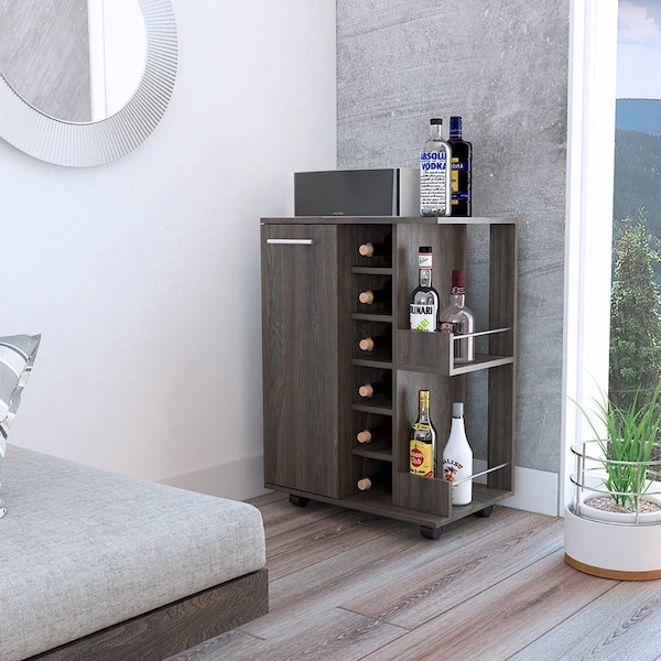Tuhome Bar Cart, Two External Shelves, Four Casters, Six Built-in Wine Rack, Single Door Cabinet, Espresso - MLC3988