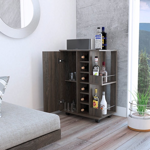 Tuhome Bar Cart, Two External Shelves, Four Casters, Six Built-in Wine Rack, Single Door Cabinet, Espresso - MLC3988