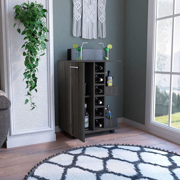 Tuhome Bar Cart, Two External Shelves, Four Casters, Six Built-in Wine Rack, Single Door Cabinet, Espresso - MLC3988