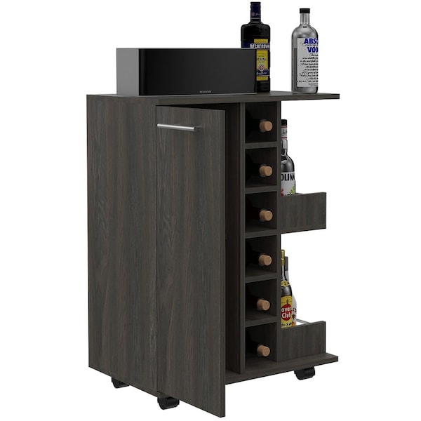 Tuhome Bar Cart, Two External Shelves, Four Casters, Six Built-in Wine Rack, Single Door Cabinet, Espresso - MLC3988