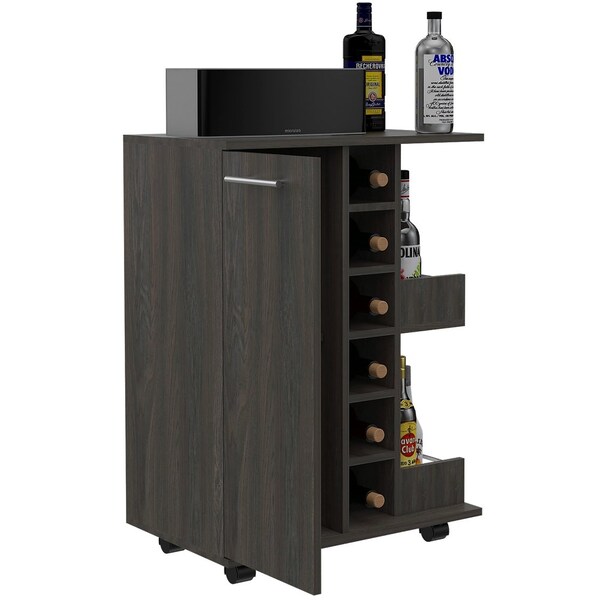 Tuhome Bar Cart, Two External Shelves, Four Casters, Six Built-in Wine Rack, Single Door Cabinet, Espresso - MLC3988
