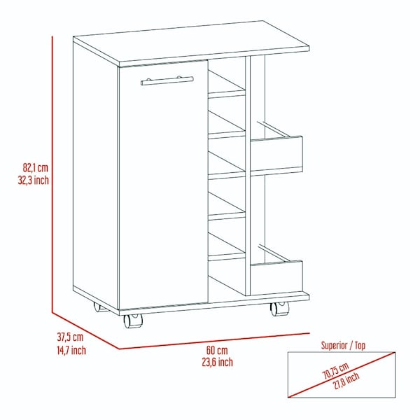 Tuhome Bar Cart, Two External Shelves, Four Casters, Six Built-in Wine Rack, Single Door Cabinet, Espresso - MLC3988