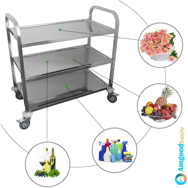 Amgood Stainless Steel Dining Cart, 3 Shelf Heavy Duty Utility Cart on Wheels, 34in L x 18in W - AMG RP3-2 CART
