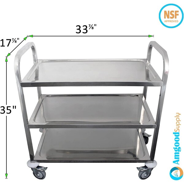 Amgood Stainless Steel Dining Cart, 3 Shelf Heavy Duty Utility Cart on Wheels, 34in L x 18in W - AMG RP3-2 CART