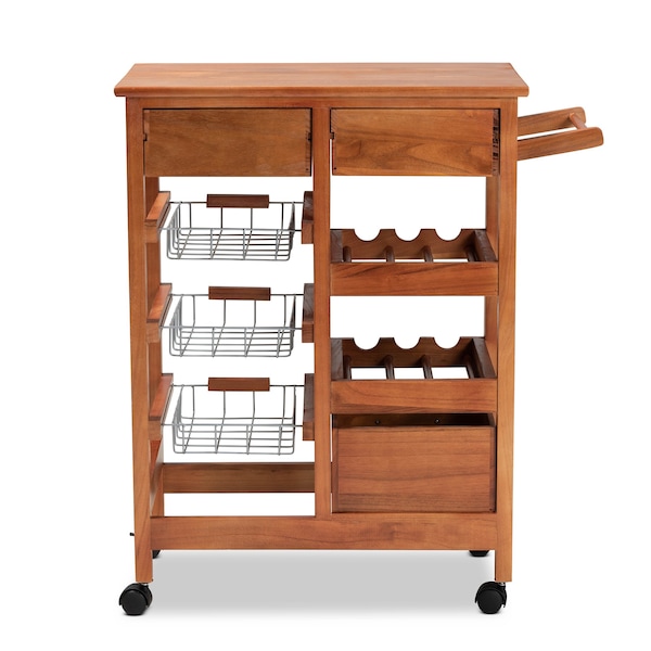 Baxton Studio Crayton ModernOak Brown Finished Wood and Silver-Tone Metal Mobile Kitchen Storage Cart - 196-12319-ZORO