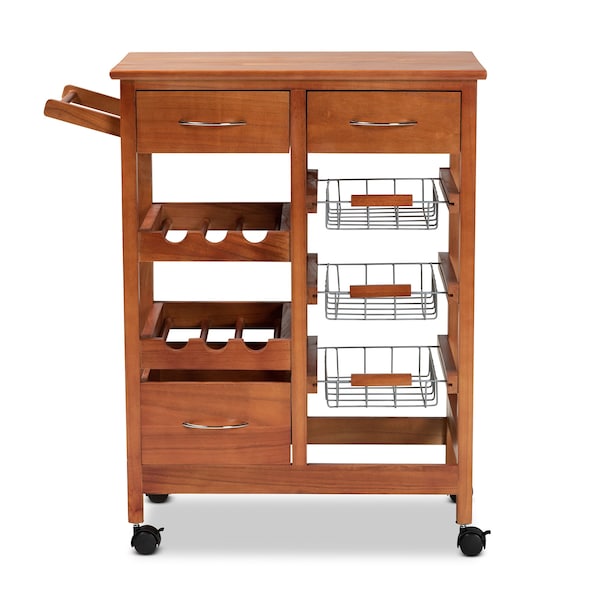 Baxton Studio Crayton ModernOak Brown Finished Wood and Silver-Tone Metal Mobile Kitchen Storage Cart - 196-12319-ZORO