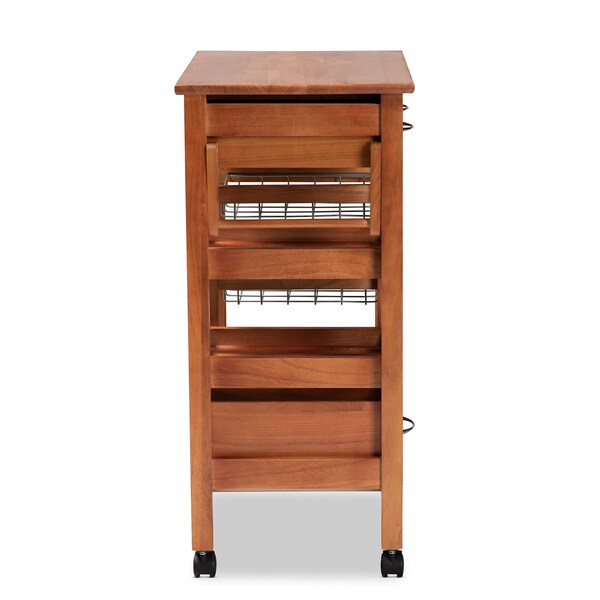 Baxton Studio Crayton ModernOak Brown Finished Wood and Silver-Tone Metal Mobile Kitchen Storage Cart - 196-12319-ZORO